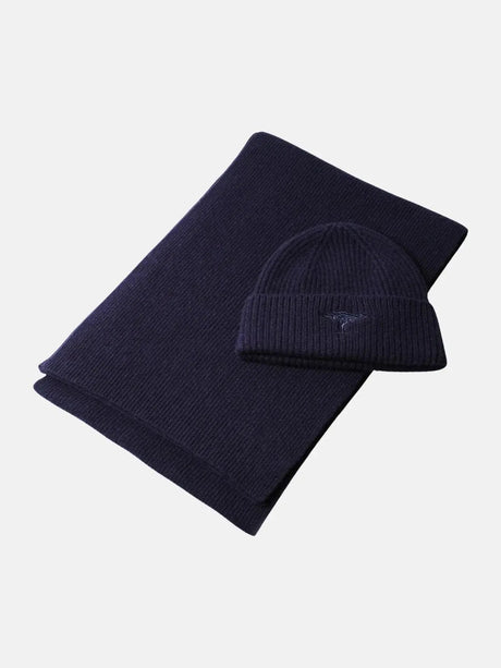 FYNCH HATTON Pure Wool Beanie & Scarf Gift Set - Men's – Navy - front view