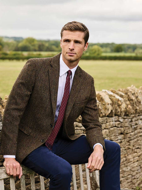 HARRIS TWEED Dumfries Tailored Fit Jacket - Mens - Brown Herringbone