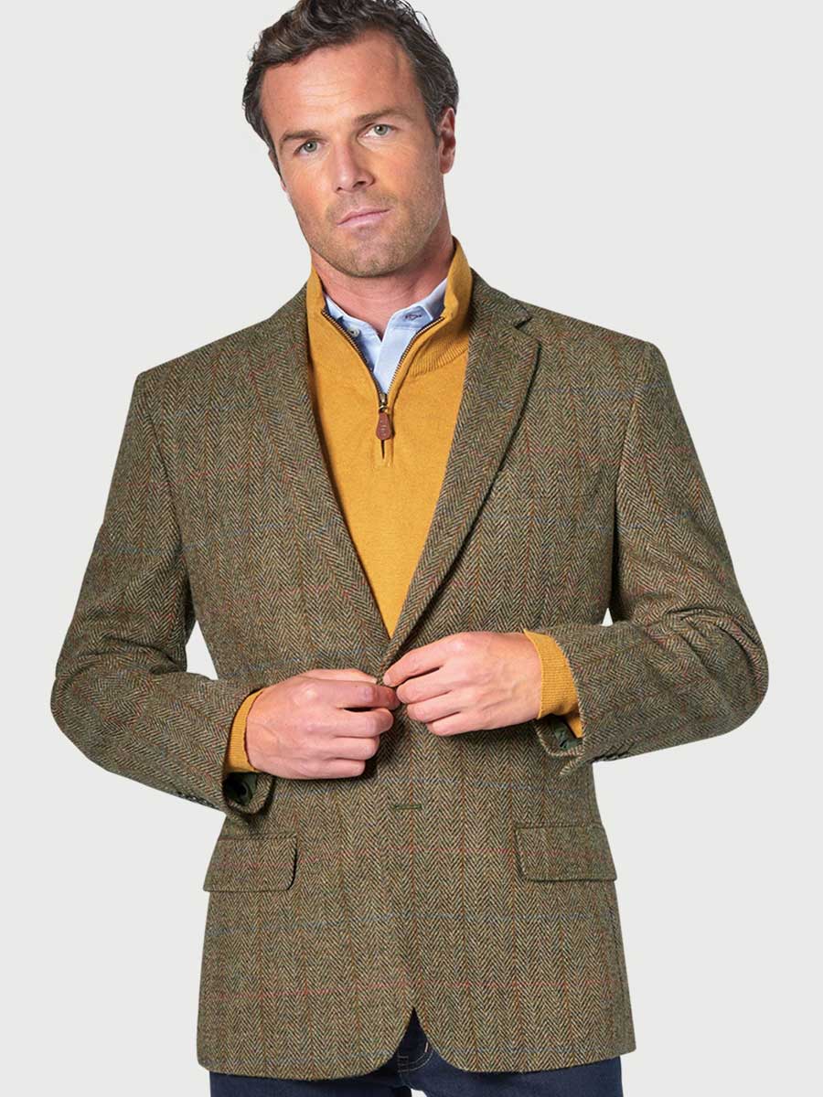 HARRIS TWEED Jacket - Mens Stromay - Olive Green with Check