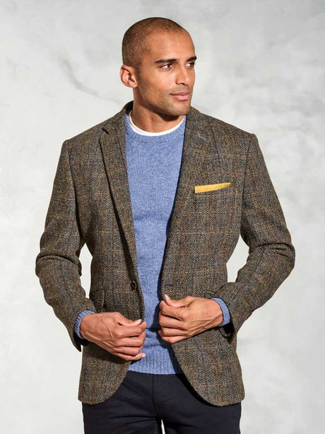 HARRIS TWEED Sumburgh Tailored Fit Jacket - Mens - Green & Blue Herringbone Check