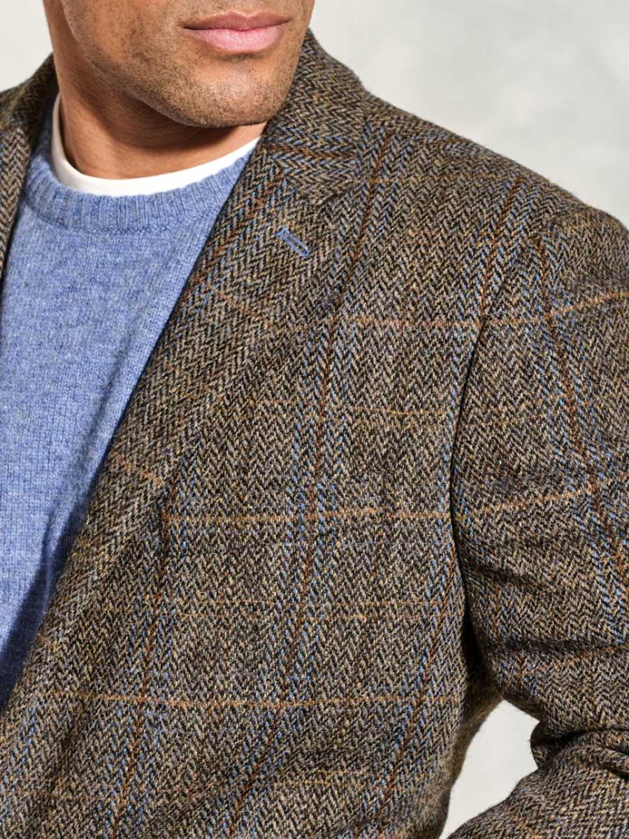 HARRIS TWEED Sumburgh Tailored Fit Jacket - Mens - Green & Blue Herringbone Check