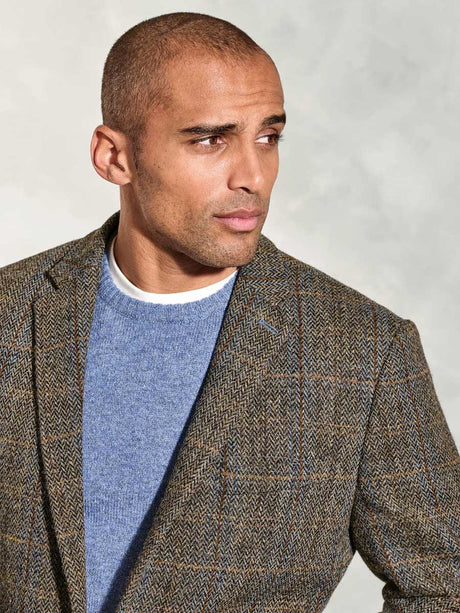 HARRIS TWEED Sumburgh Tailored Fit Jacket - Mens - Green & Blue Herringbone Check