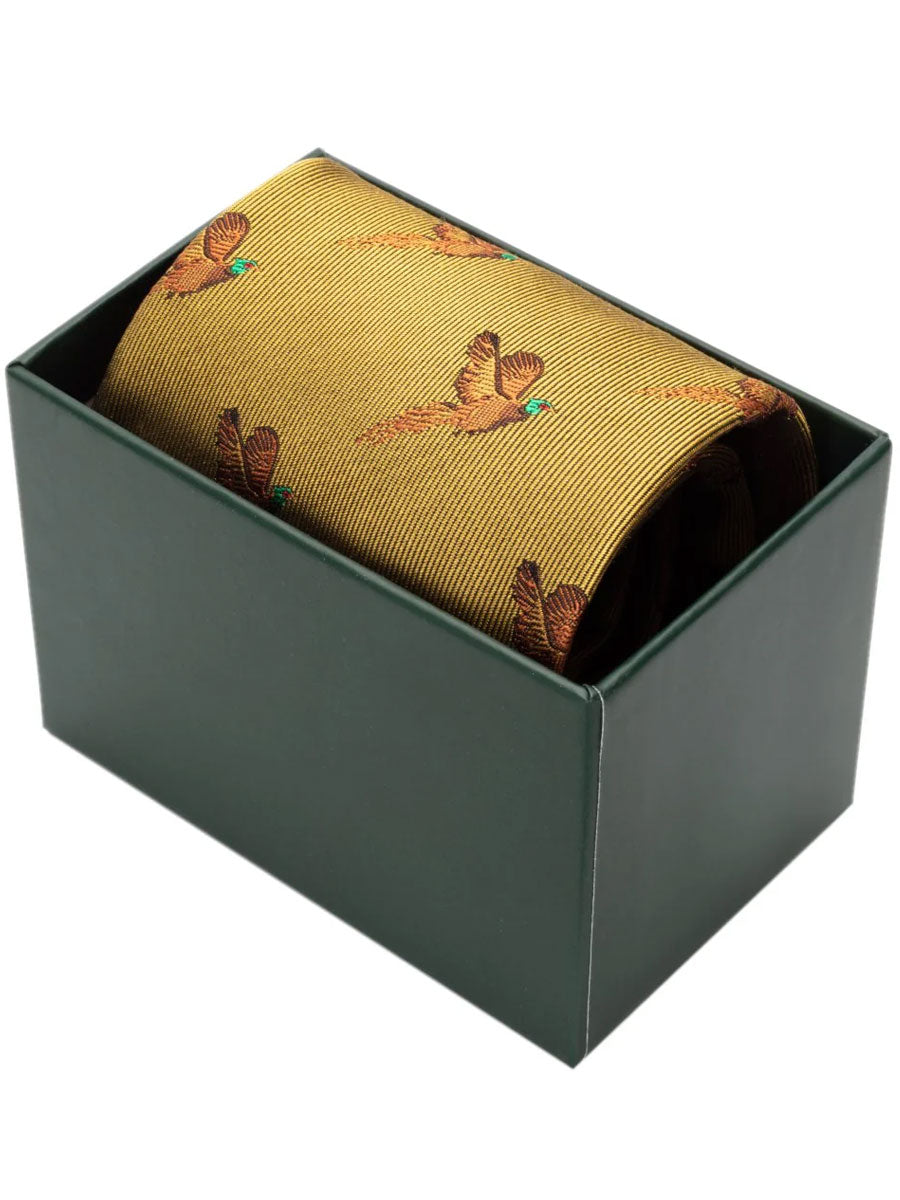 HOGGS OF FIFE 100% Silk Woven Tie Pheasants Boxed - Gold