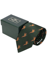 HOGGS OF FIFE 100% Silk Woven Tie Pheasants Boxed - Green