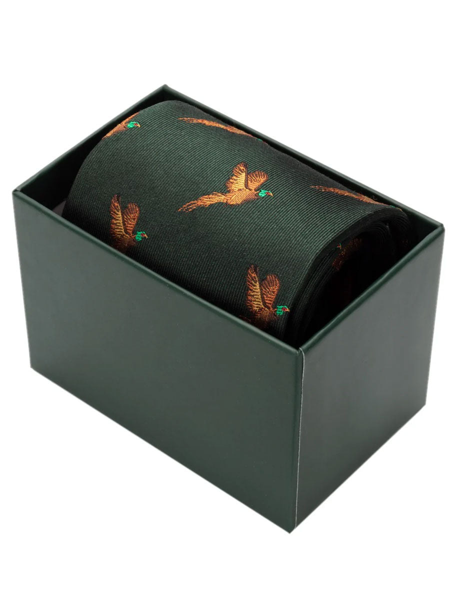 HOGGS OF FIFE 100% Silk Woven Tie Pheasants Boxed - Green