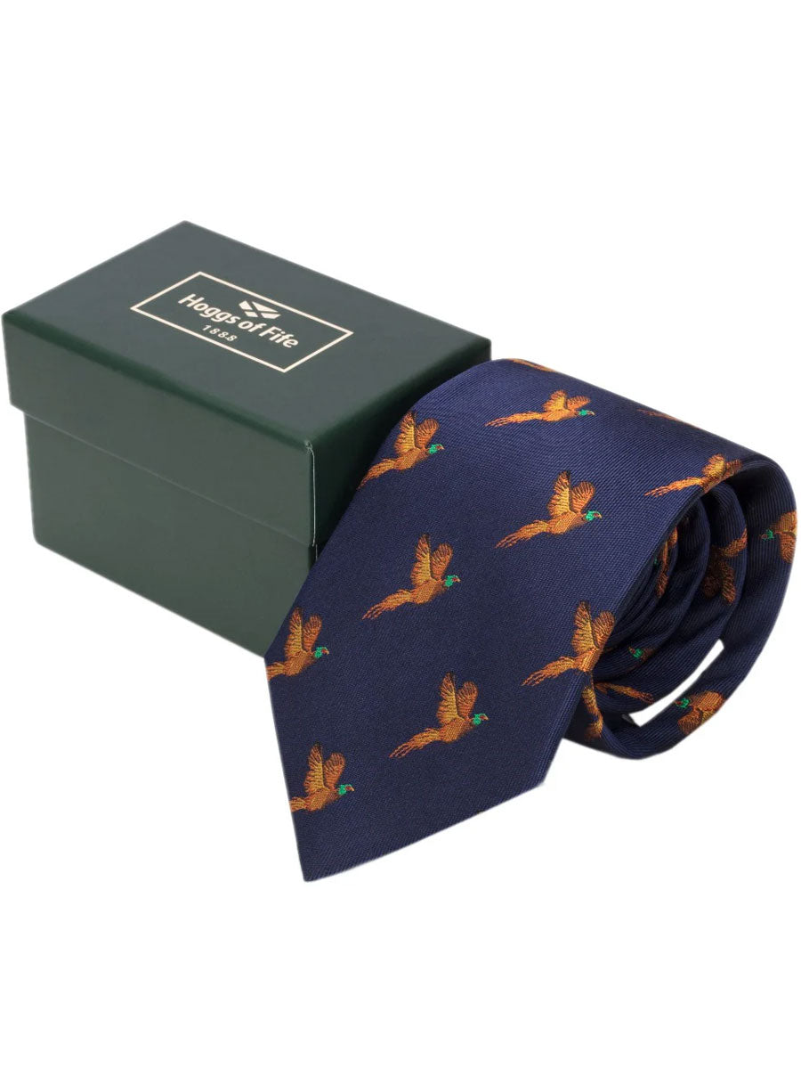 HOGGS OF FIFE 100% Silk Woven Tie Pheasants Boxed - Navy