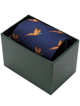 HOGGS OF FIFE 100% Silk Woven Tie Pheasants Boxed - Navy