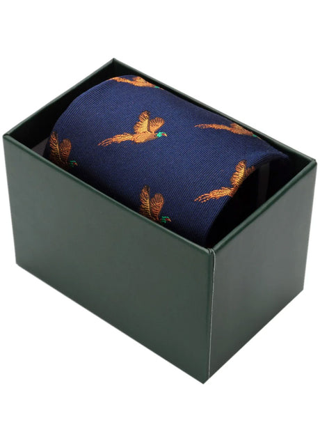 HOGGS OF FIFE 100% Silk Woven Tie Pheasants Boxed - Navy