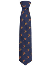 HOGGS OF FIFE 100% Silk Woven Tie Pheasants Boxed - Navy
