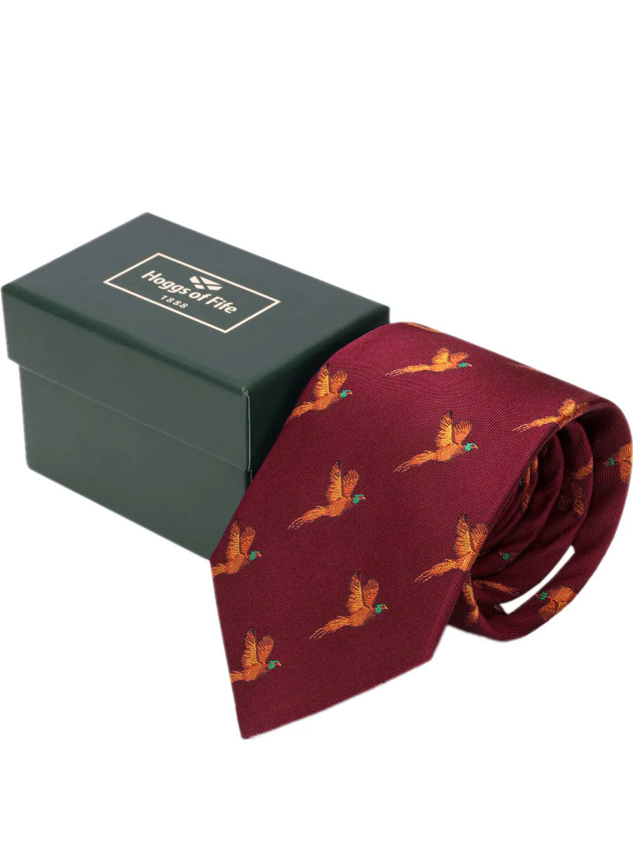 HOGGS OF FIFE 100% Silk Woven Tie Pheasants Boxed - Wine