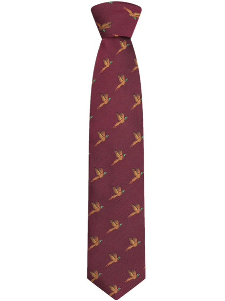 HOGGS OF FIFE 100% Silk Woven Tie Pheasants Boxed - Wine
