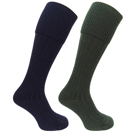 HOGGS OF FIFE 1902 Plain Turnover Shooting Socks - Twin Pack - Dark Olive / Dark Navy