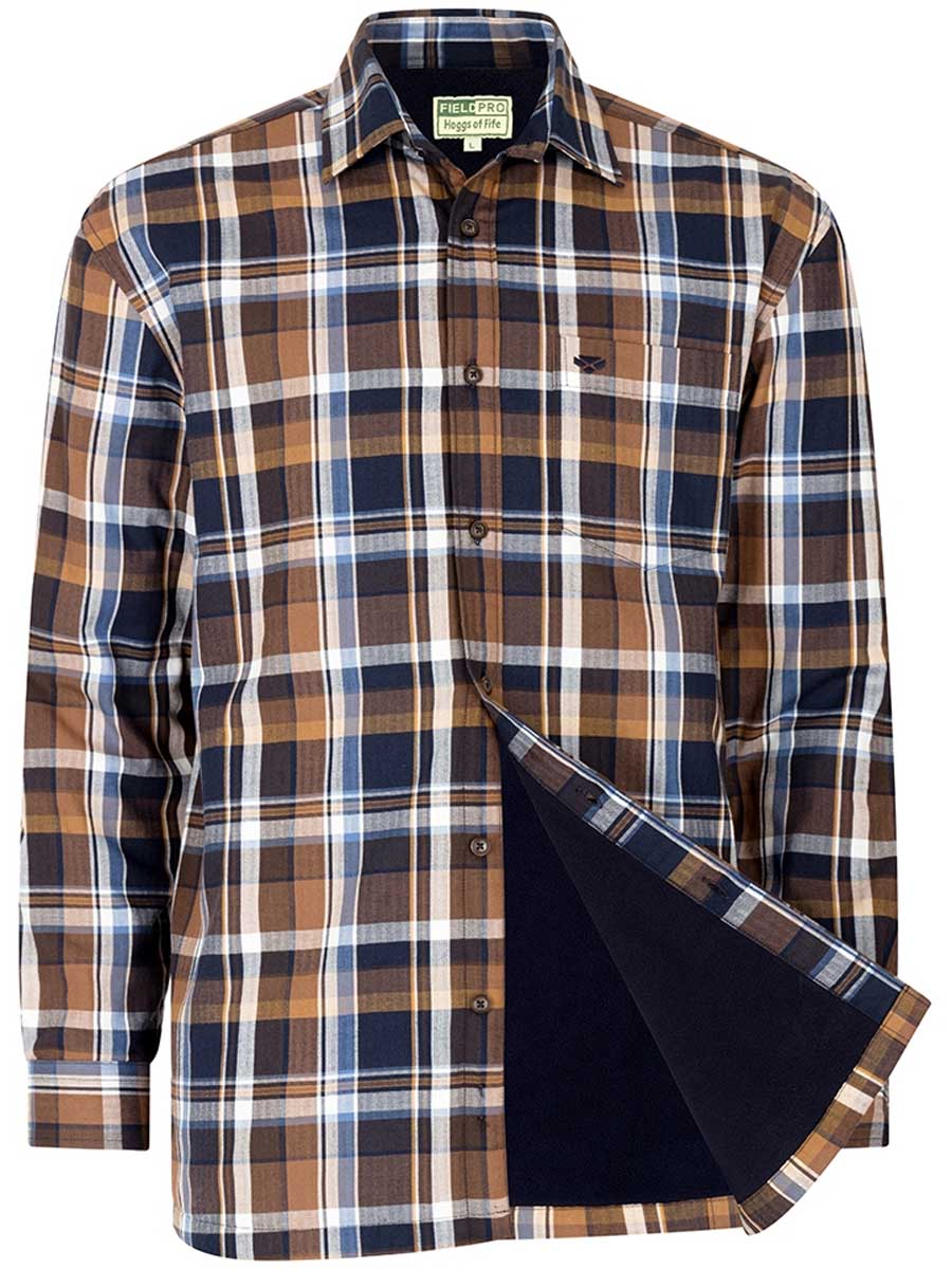 HOGGS OF FIFE Arran Microfleece Lined Cotton Shirt - Mens - Navy / Brown Check