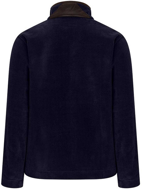 Navy jacket with brown collar on a white background
