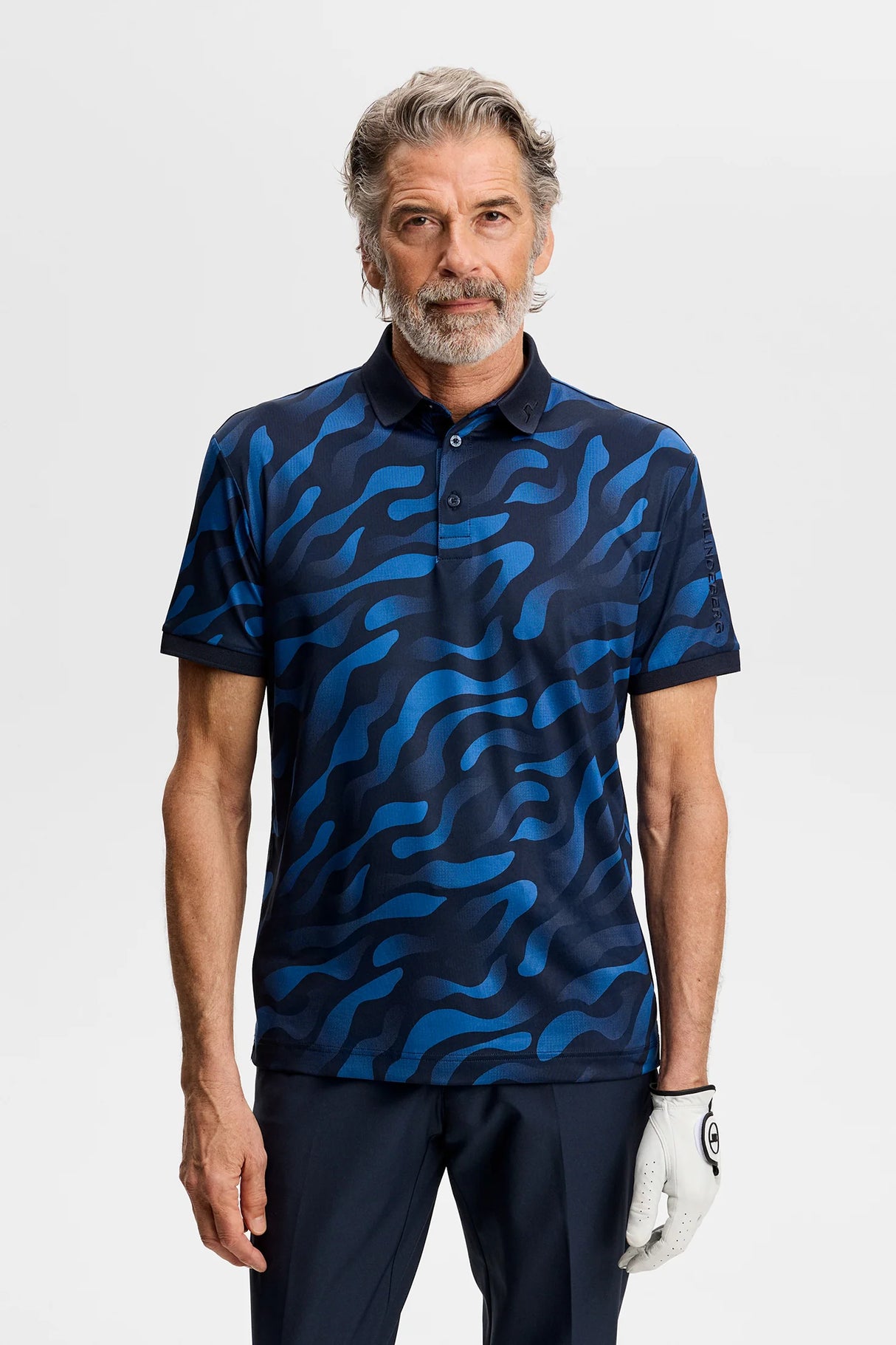 J.LINDEBERG Tour Tech Print Golf Polo Shirt – Men’s – Bunker Fade Navy