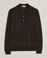 John Smedley Belper long-sleeved merino polo in Faulkner Brown — front view