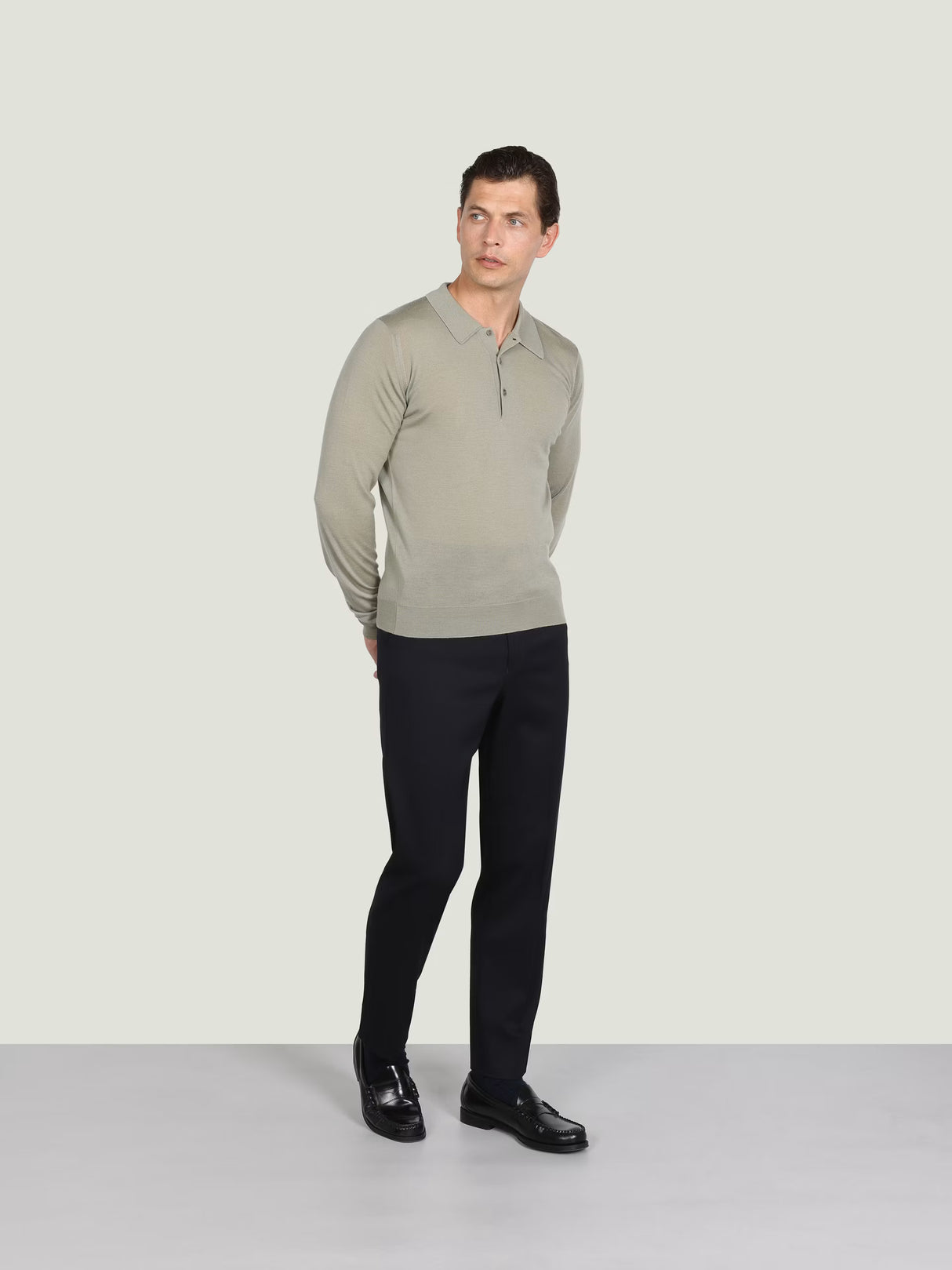 JOHN SMEDLEY Caverhill Long Sleeved Polo Shirt – Extra Fine Merino Wool – Thistle Dew
