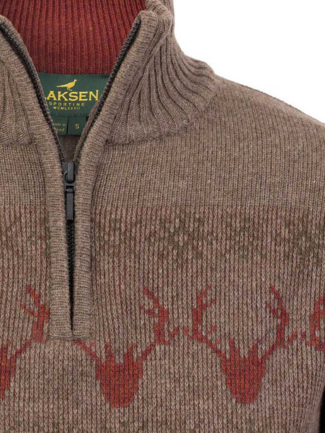 LAKSEN Deer Jacquard Zip Neck Sweater - Womens - Brown