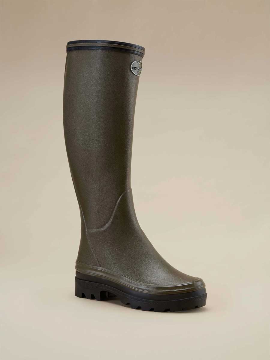 LE CHAMEAU Giverny Wellington Boots - Ladies Wool Lined - Dark Green, angled view