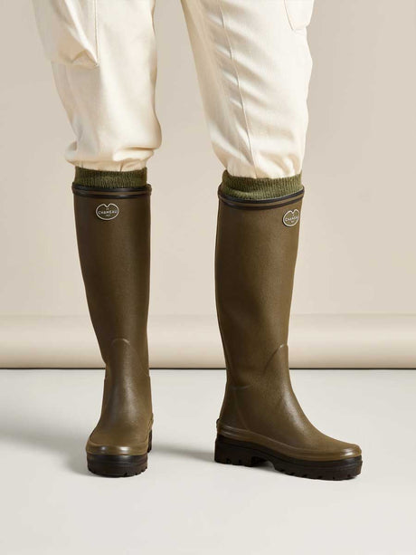LE CHAMEAU Giverny Wellington Boots - Ladies Wool Lined - Dark Green, worn view