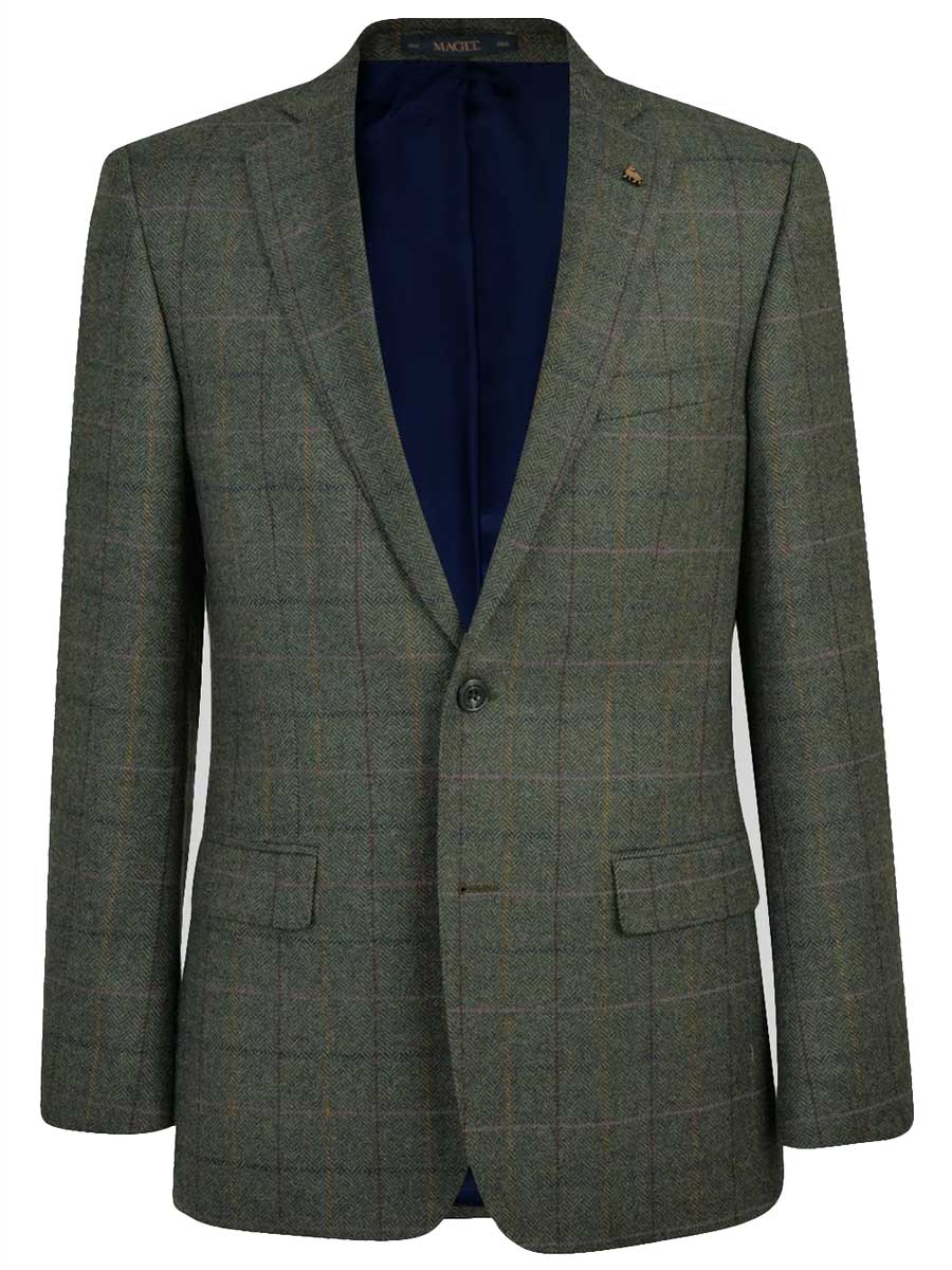 MAGEE Donegal Tweed Jacket - Mens Clady - Forest Green With Subtle Overcheck
