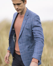 Load image into Gallery viewer, MAGEE Irish Linen Jacket - Mens Liffey - Blue With Tangerine, White &amp; Navy Check
