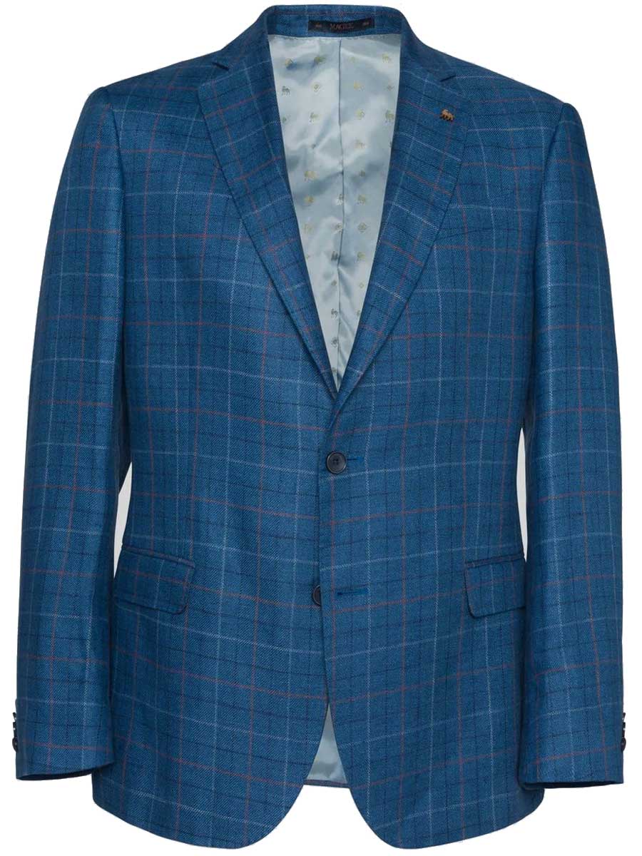 MAGEE Irish Linen Jacket - Mens Liffey - Blue With Tangerine, White & Navy Check