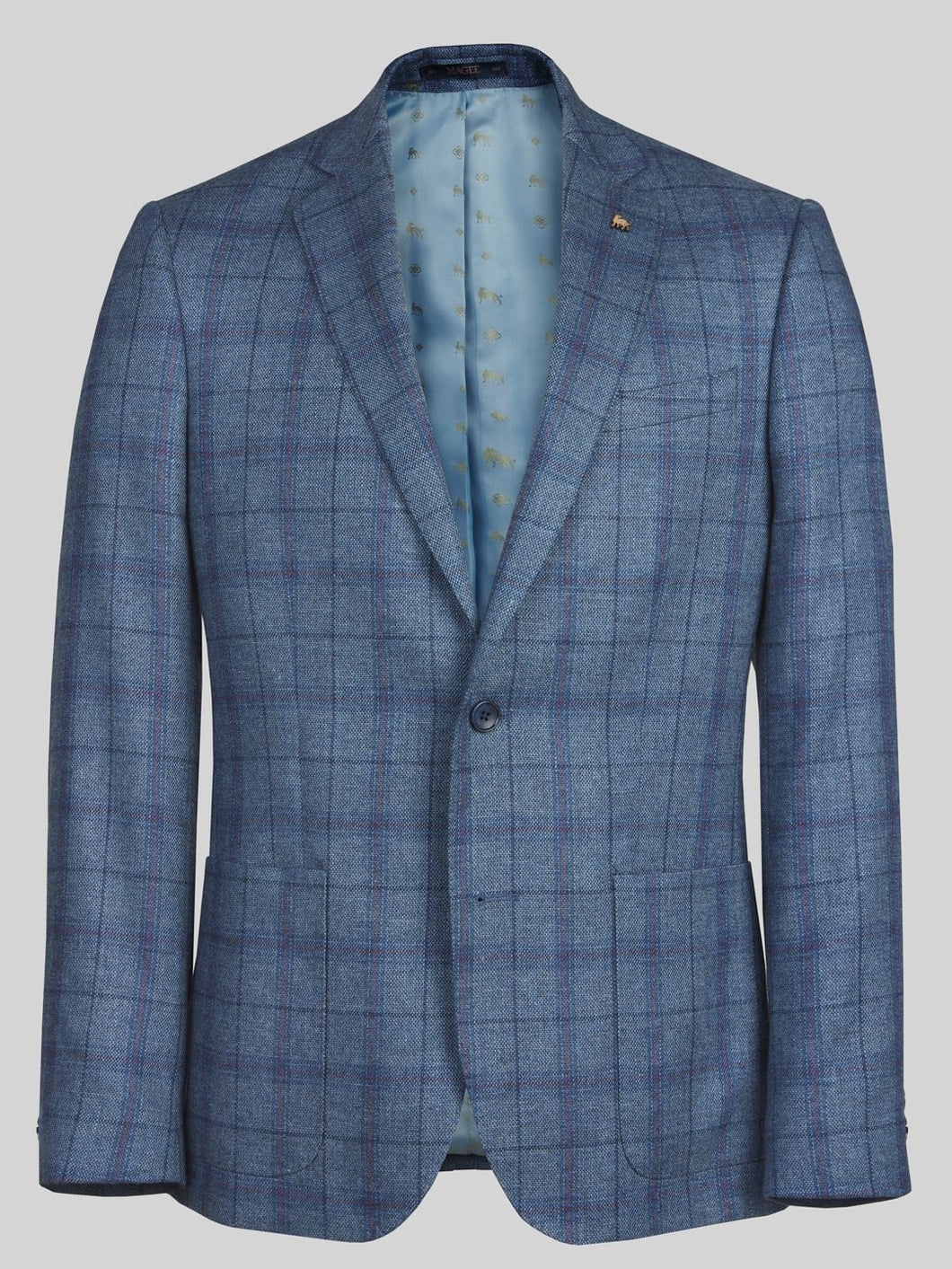 MAGEE Midweight Tweed Jacket - Mens Finn Patch Pocket - Blue with Navy, Tangerine & Raspberry Check