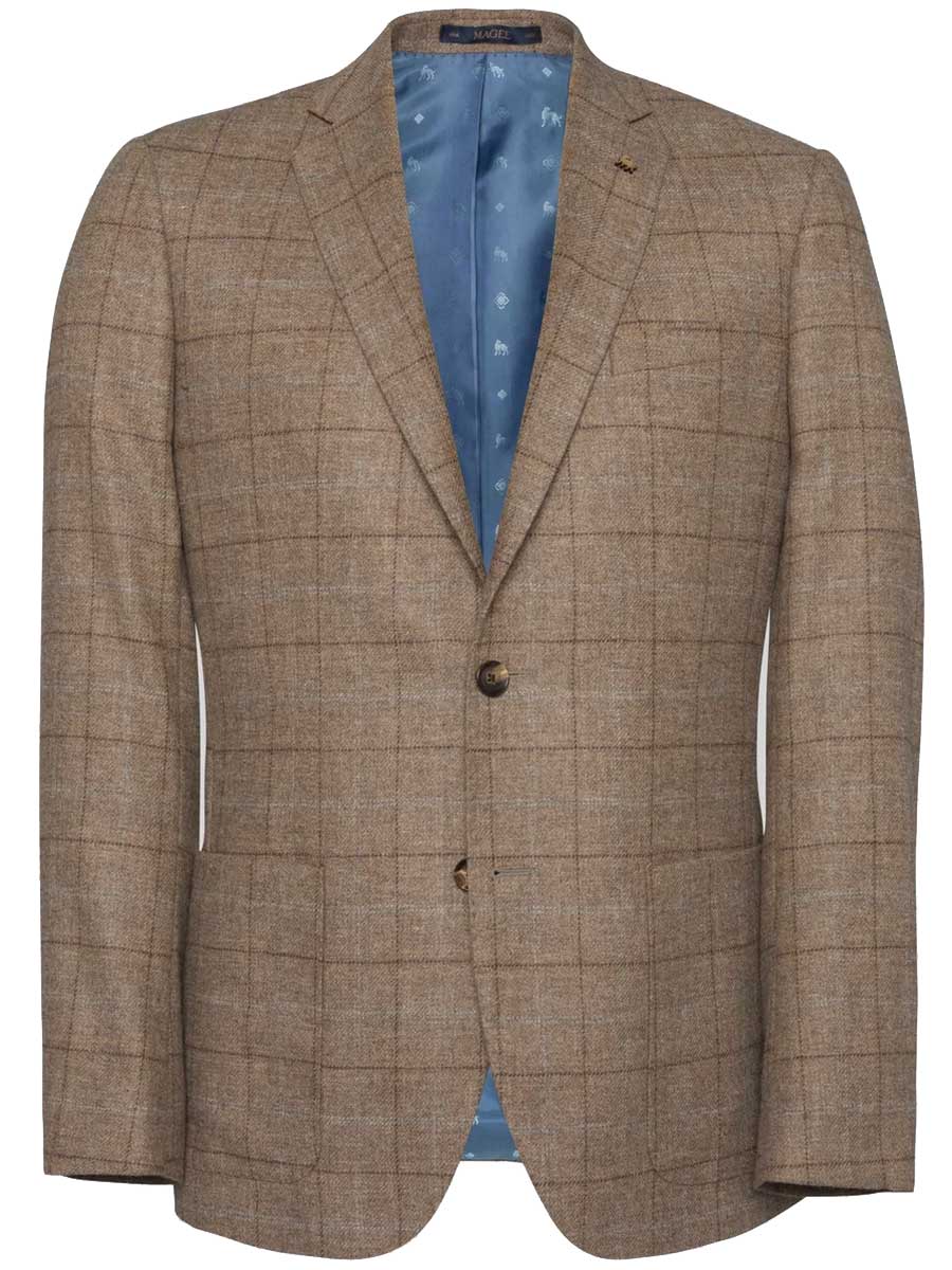 MAGEE Midweight Tweed Jacket - Mens Finn Patch Pocket - Oatmeal with Brown, Rust & Fawn Check