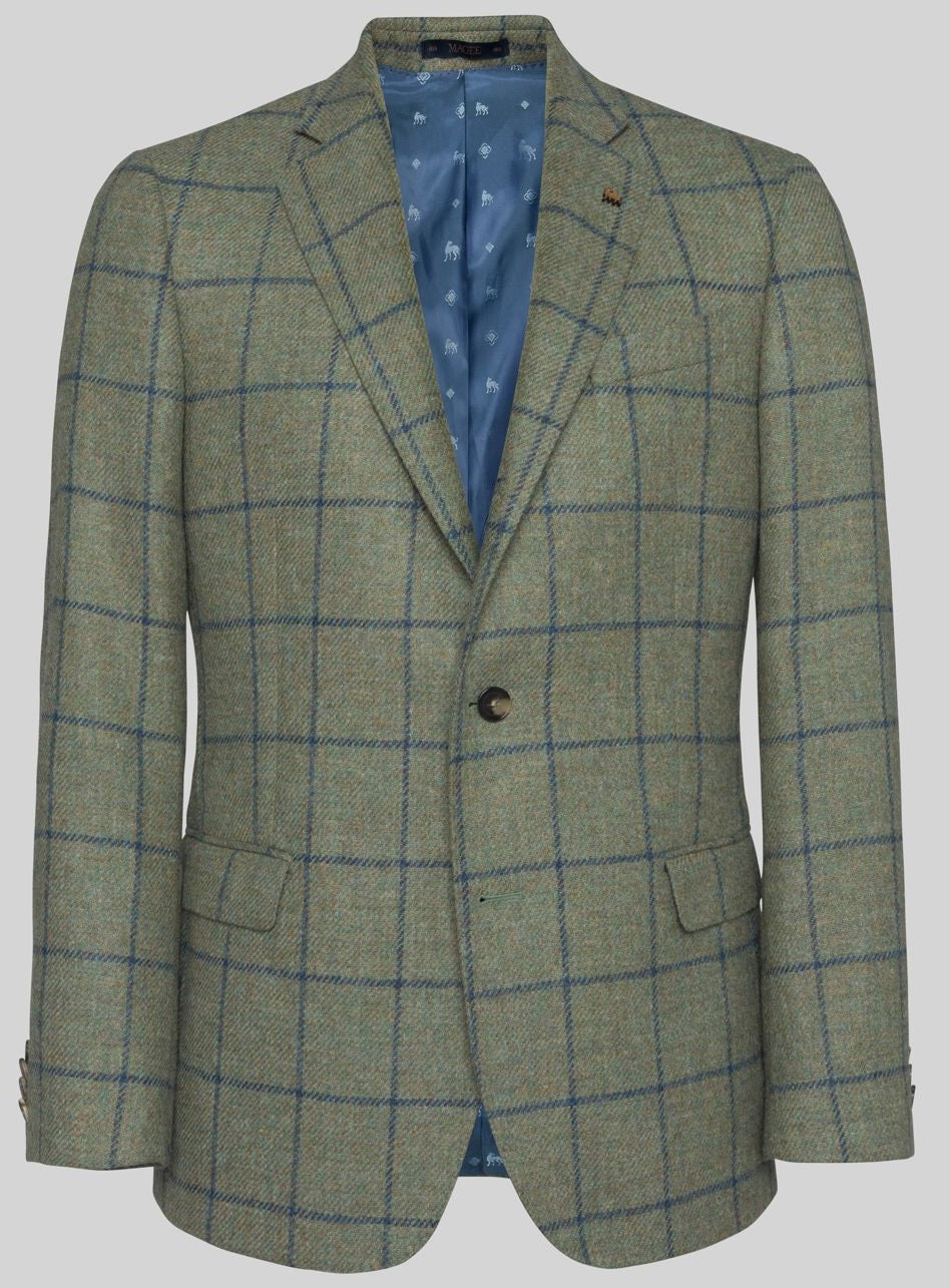 40% OFF - MAGEE Midweight Tweed Jacket - Mens Liffey - Green With Blue Windowpane Check - Size: 42 REG