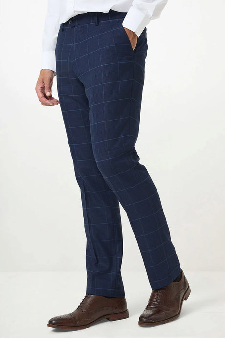 50% OFF - MARC DARCY Edinson Tailored Trousers - Navy Sky Check - Size: UK 36 Regular