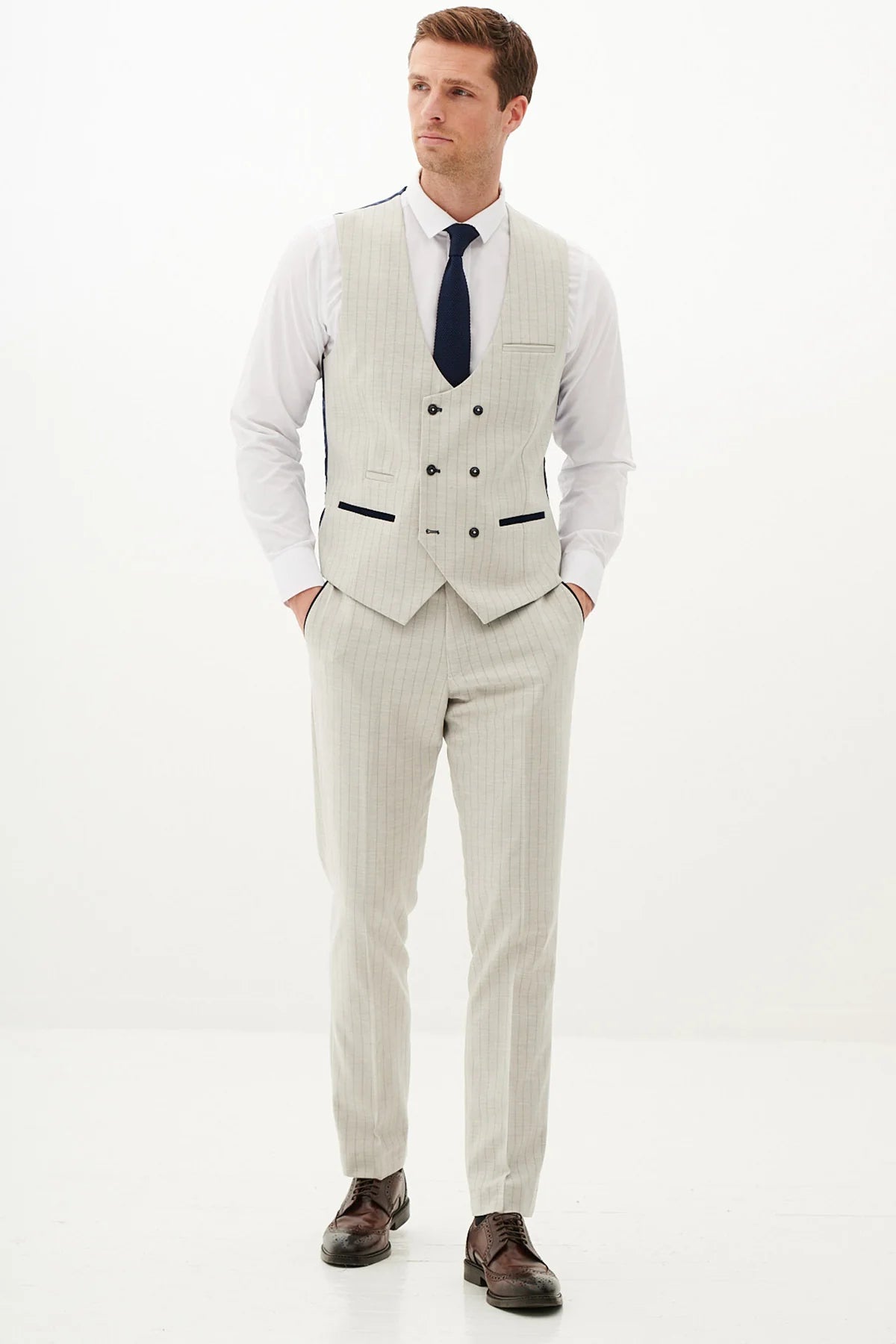 50% OFF - MARC DARCY Grant Double Breasted Waistcoat - Stone Pinstripe - Size: 38, 40 & 44