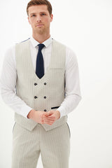 50% OFF - MARC DARCY Grant Double Breasted Waistcoat - Stone Pinstripe - Size: 38, 40 & 44