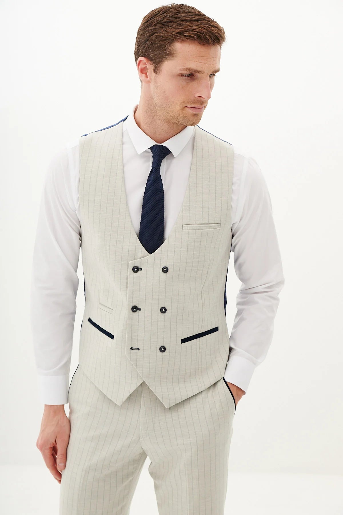 50% OFF - MARC DARCY Grant Double Breasted Waistcoat - Stone Pinstripe - Size: 38, 40 & 44