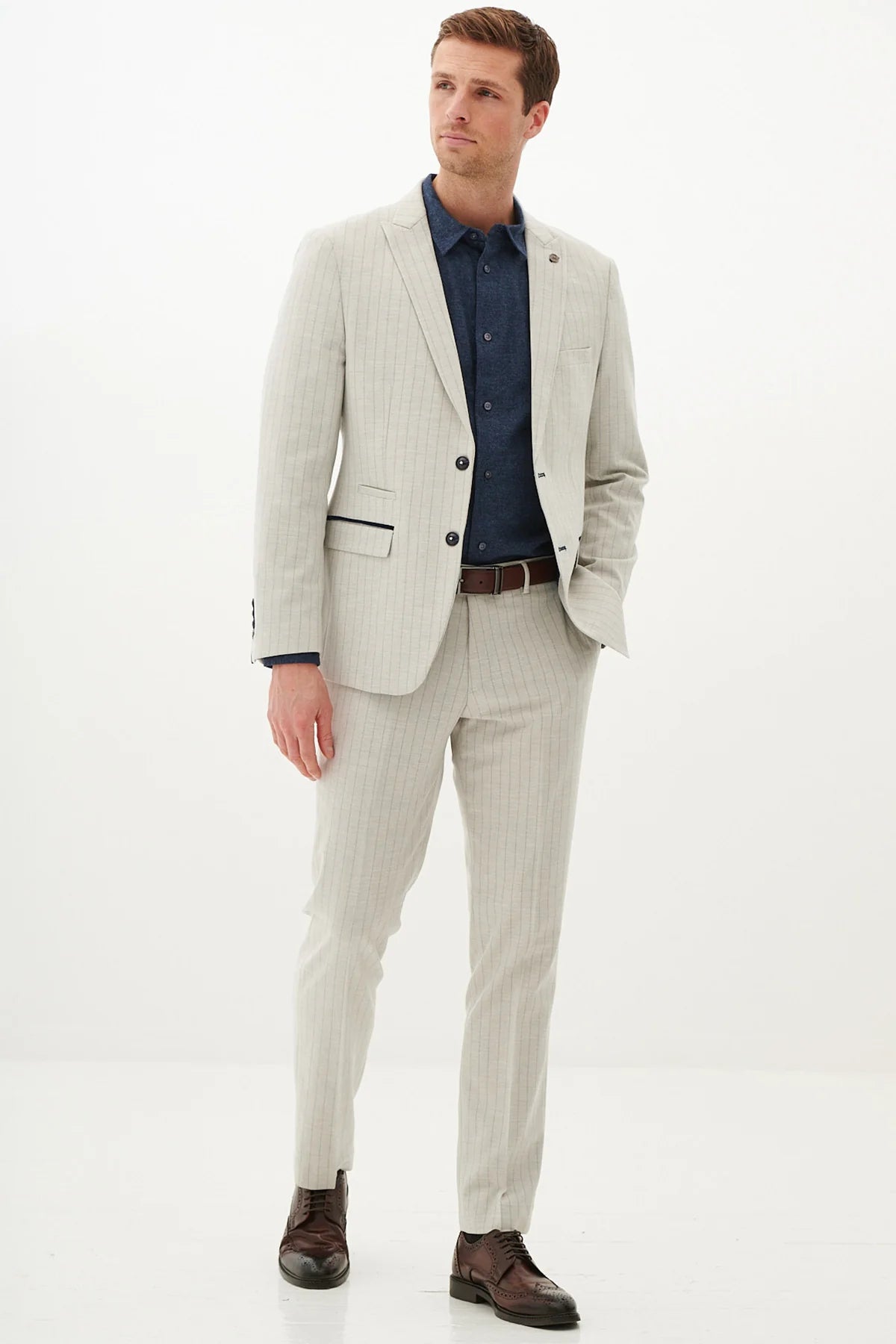 50% OFF - MARC DARCY Grant Tailored Blazer - Mens Slim Fit - Stone Pinstripe - Size: 44 Regular