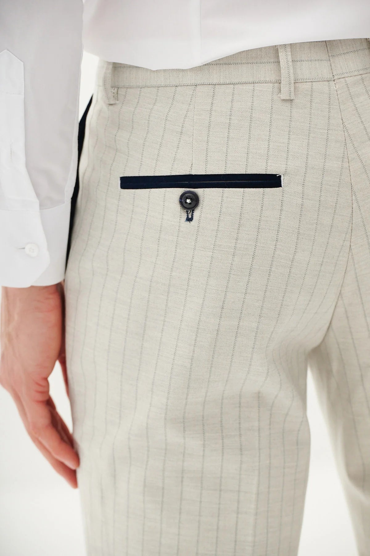 50% OFF - MARC DARCY Grant Tailored Trousers - Stone Pinstripe - Sizes: 32 & 38 Regular