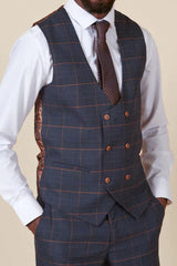 MARC DARCY Jenson Double Breasted Waistcoat - Marine Navy Check