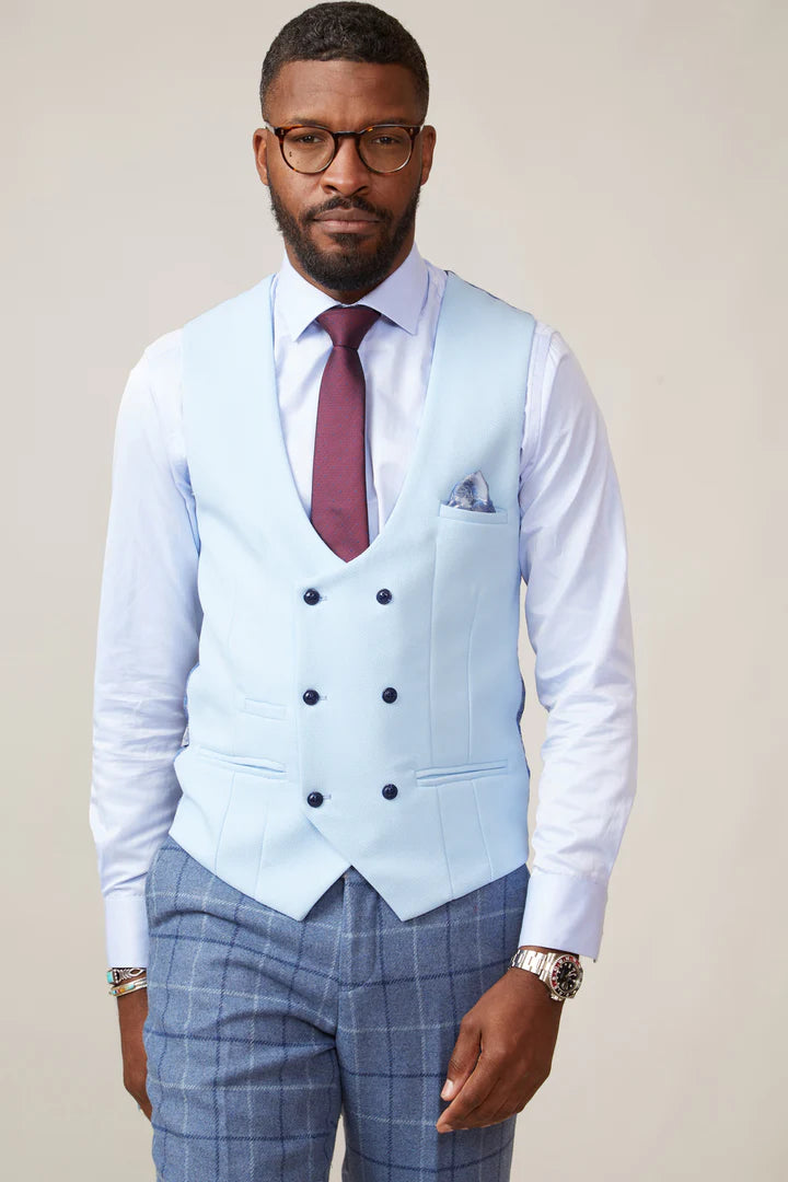 40% OFF - MARC DARCY Men's Kelvin Double Breasted Waistcoat - Sky Blue - Size: 40
