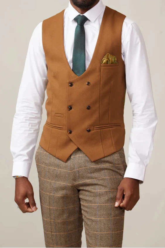 MARC DARCY Men's Kelvin Double Breasted Waistcoat - Tan