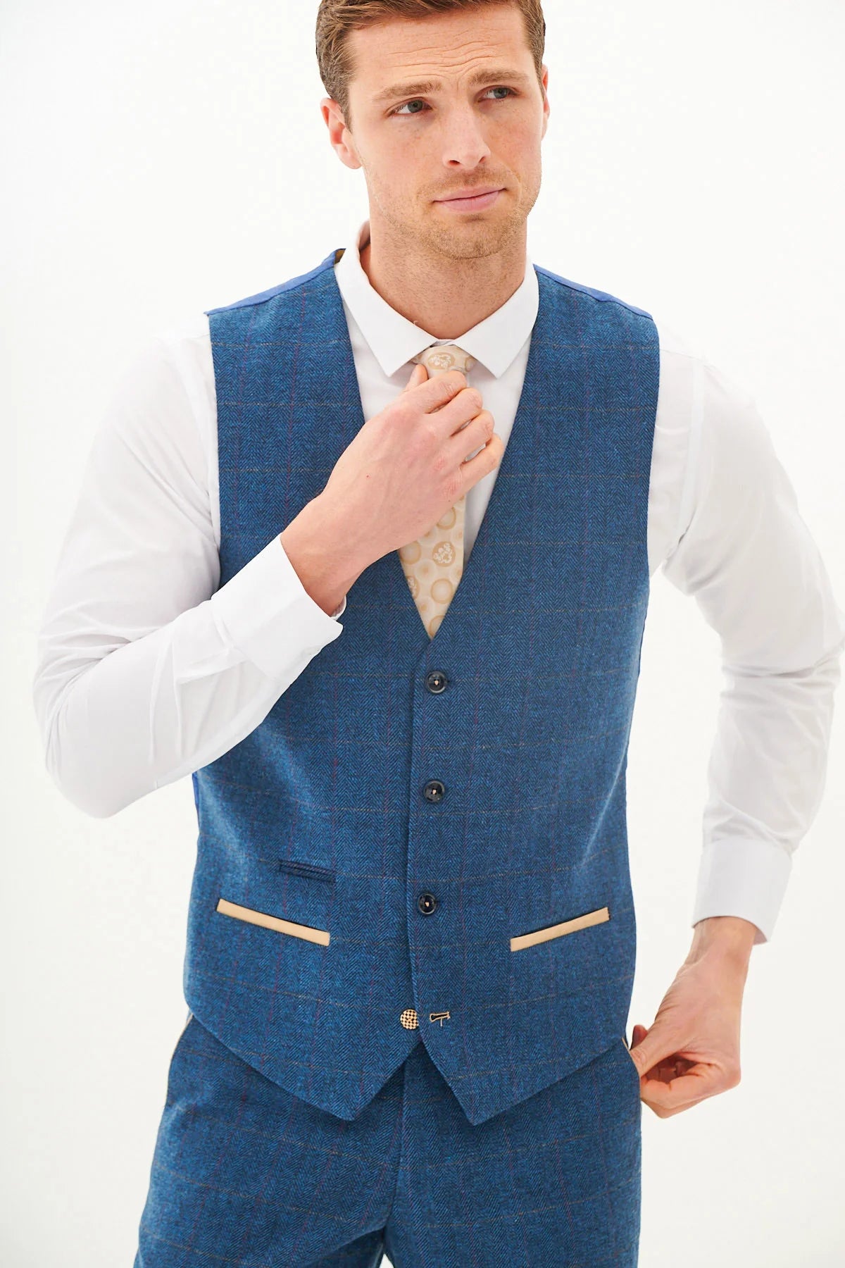 40% OFF - MARC DARCY Men's Dion Single Breasted Waistcoat - Blue Tweed Check - Size: UK 44
