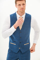 40% OFF - MARC DARCY Men's Dion Single Breasted Waistcoat - Blue Tweed Check - Size: UK 44