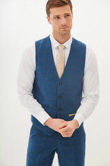 40% OFF - MARC DARCY Men's Dion Single Breasted Waistcoat - Blue Tweed Check - Size: UK 44