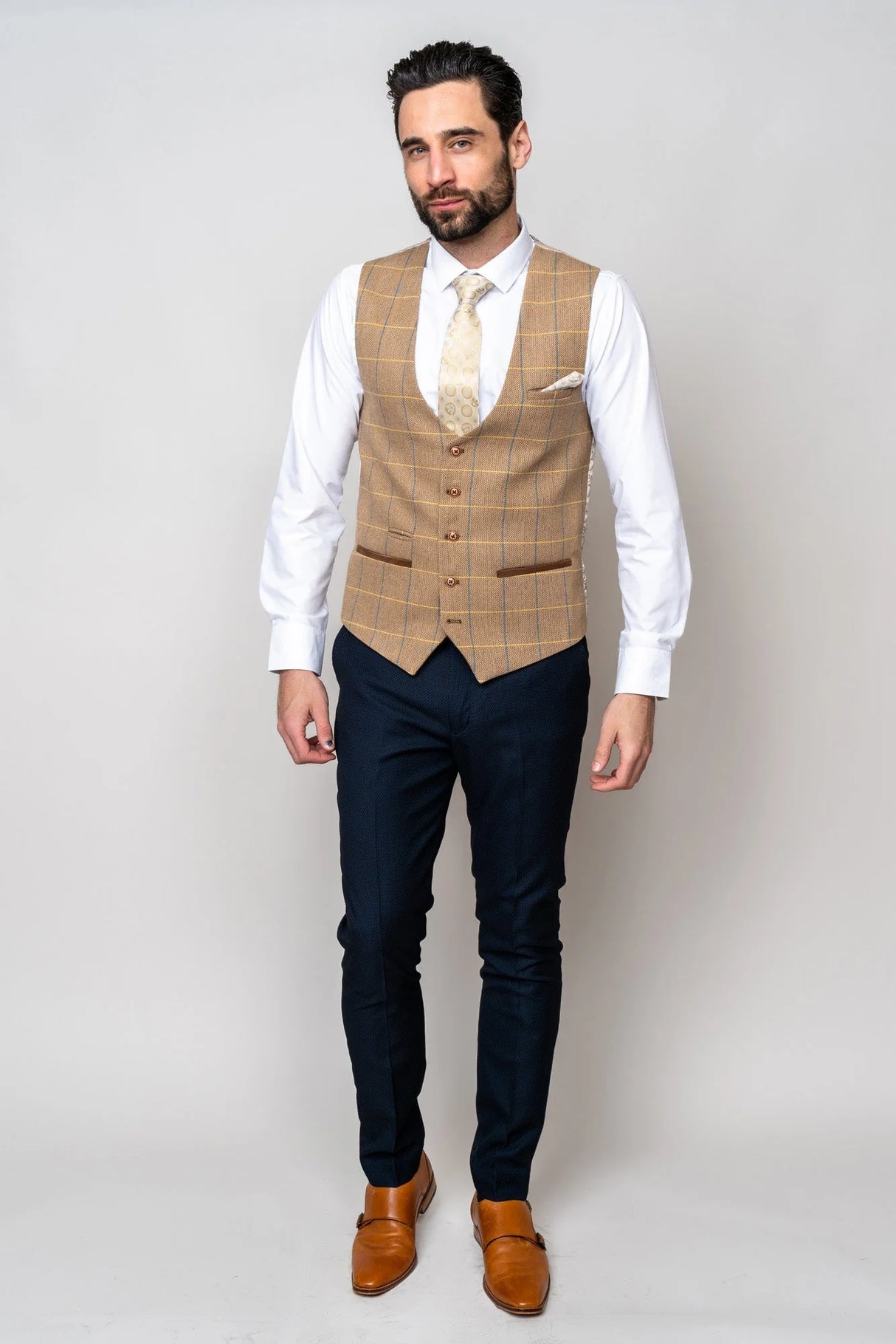 50% OFF - MARC DARCY Men's DX8 Single Breasted Waistcoat - Oak Check - Size: UK 48