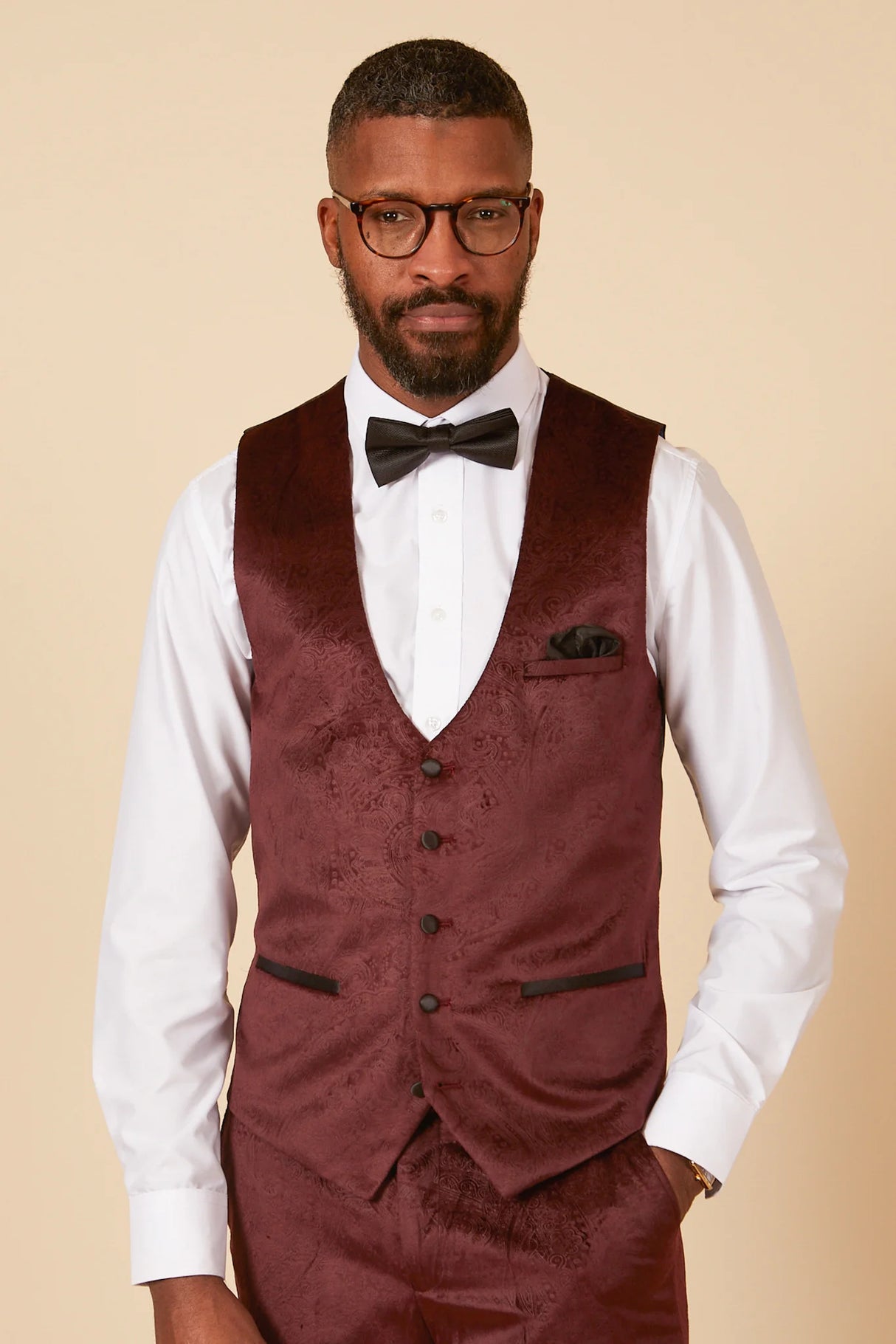 50% OFF - MARC DARCY Men's Simon Velvet Jacquard Waistcoat - Wine - Size: UK 38