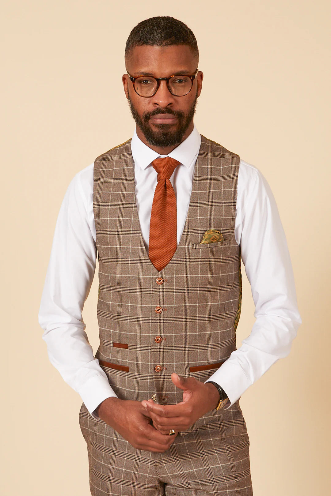 50% OFF - MARC DARCY Men's Ray Single Breasted Waistcoat - Tan Check