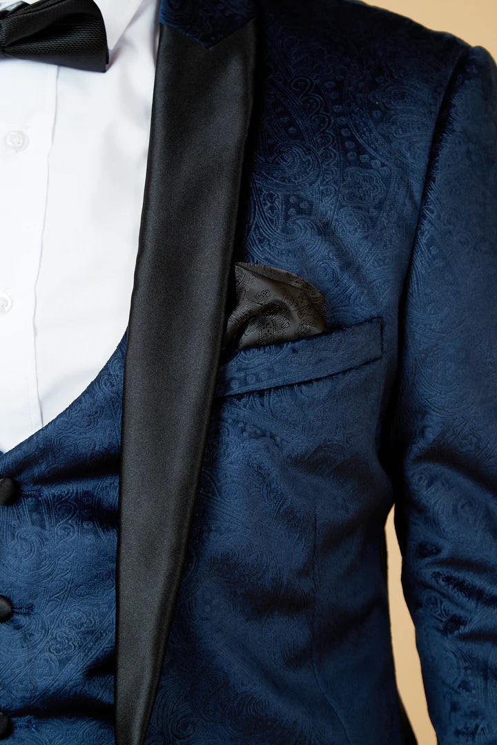 MARC DARCY Simon Velvet Tux Lapel Jacquard Blazer - Slim Fit Tuxedo Jacket - Navy