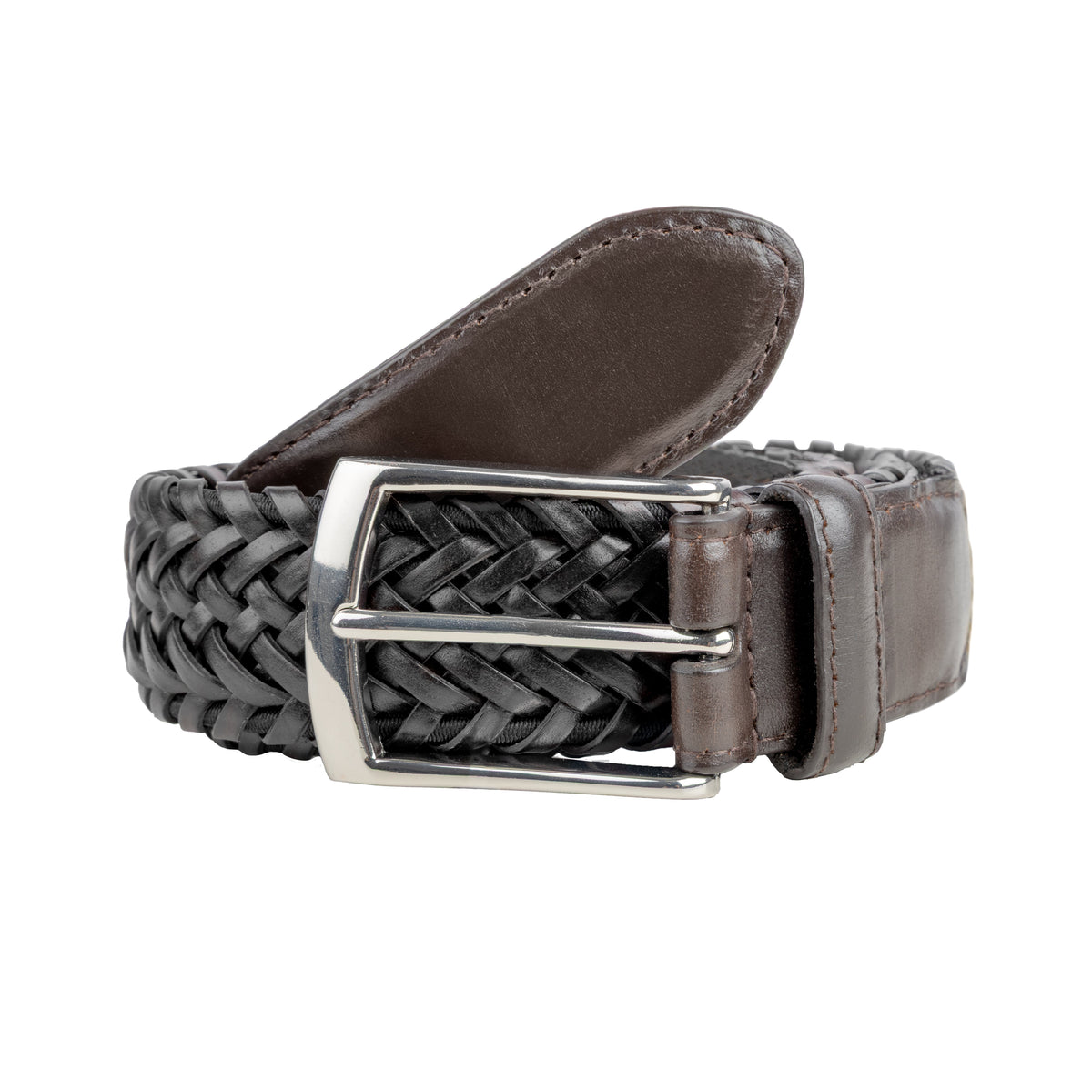 Men's woven leather belt with satin nickel buckle in a loop in brown, black.
