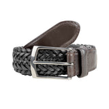 Men's woven leather belt with satin nickel buckle in a loop in brown, black.