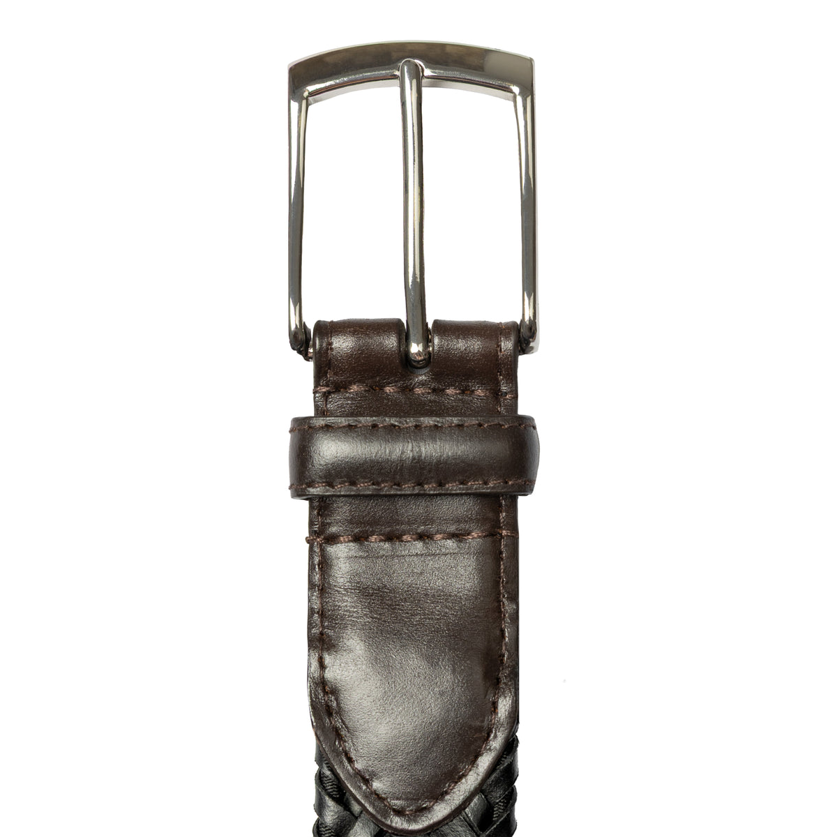 Men's woven leather belt with satin nickel buckle, close up in brown, black.
