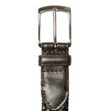 Men's woven leather belt with satin nickel buckle, close up in brown, black.